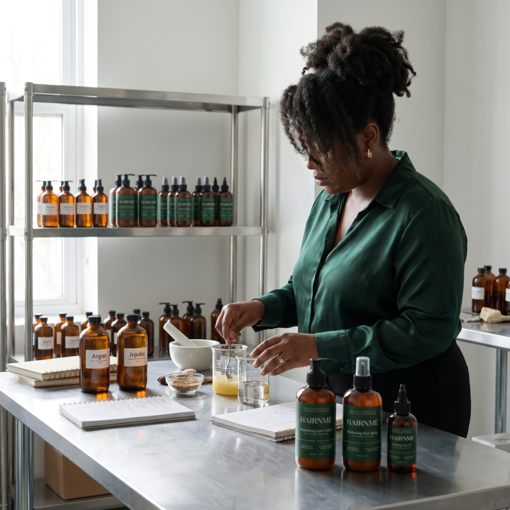Dieba, founder of HAIRNME, blending botanical formulas in her Brossard, QC studio
